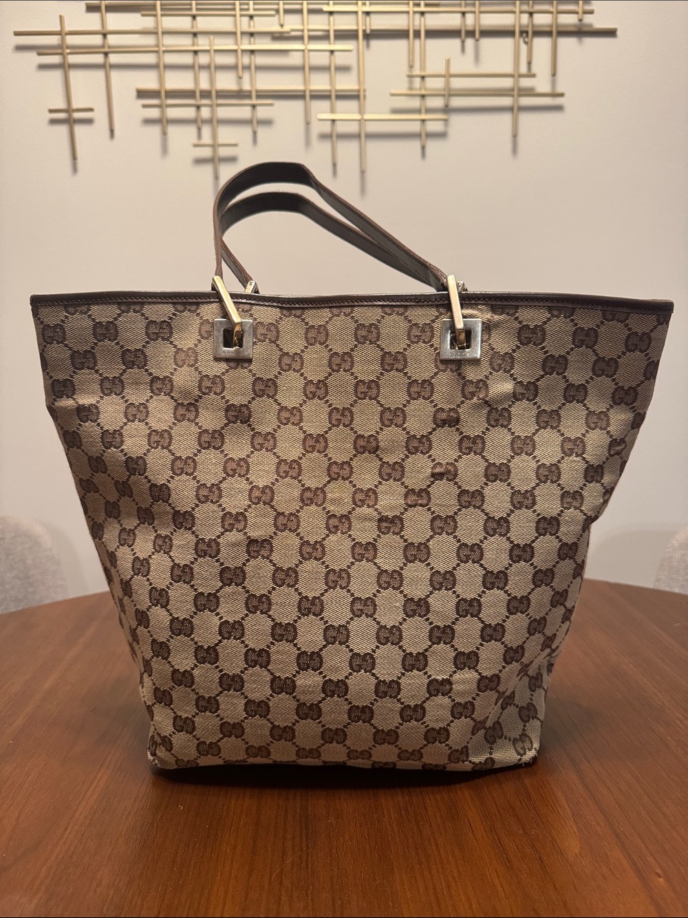 Gucci Brown GG Canvas Tote with Leather Handles